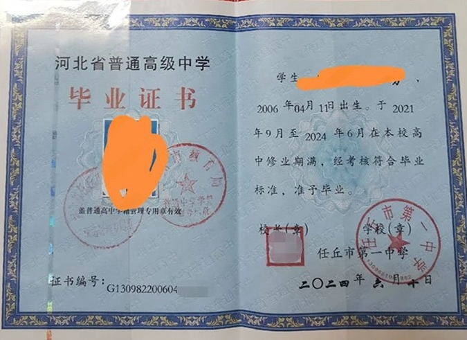 扬州任丘市第一中学高中毕业证样本图片